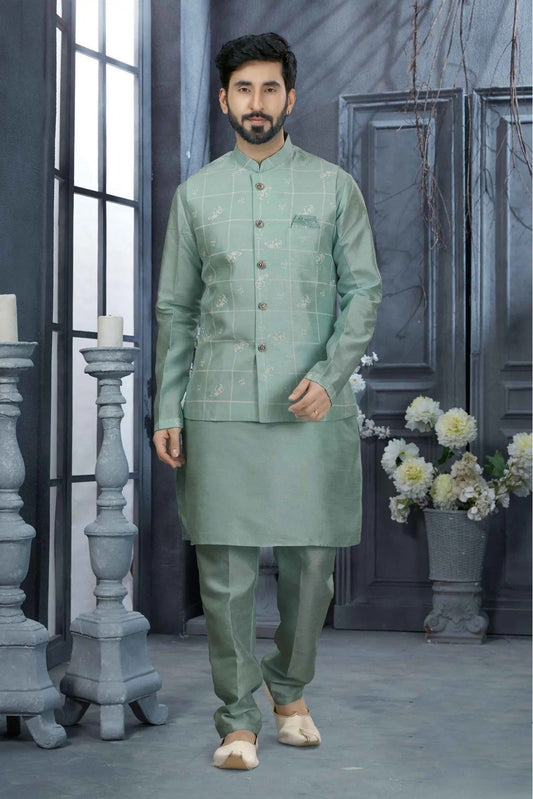 Green Kurta PajamaWith Jacket In Silk Dupion NCKP10410730