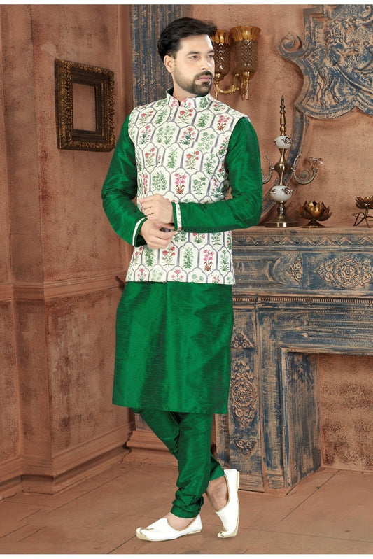 Green Kurta PajamaWith Jacket In Silk NCKP10410713