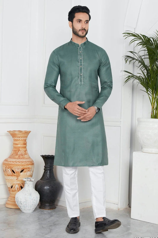 Green Linen Cotton Pintex Kurta Pajama NCKP12310241