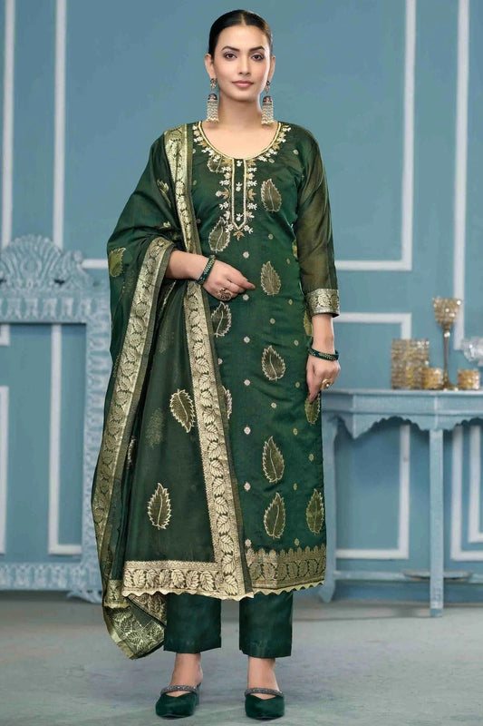 Green Modal Banarasi Pant Style Suit NCSM11110759
