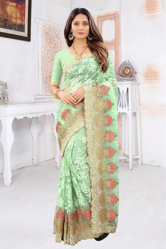 Green Net Embroidery Saree NCSD10910588