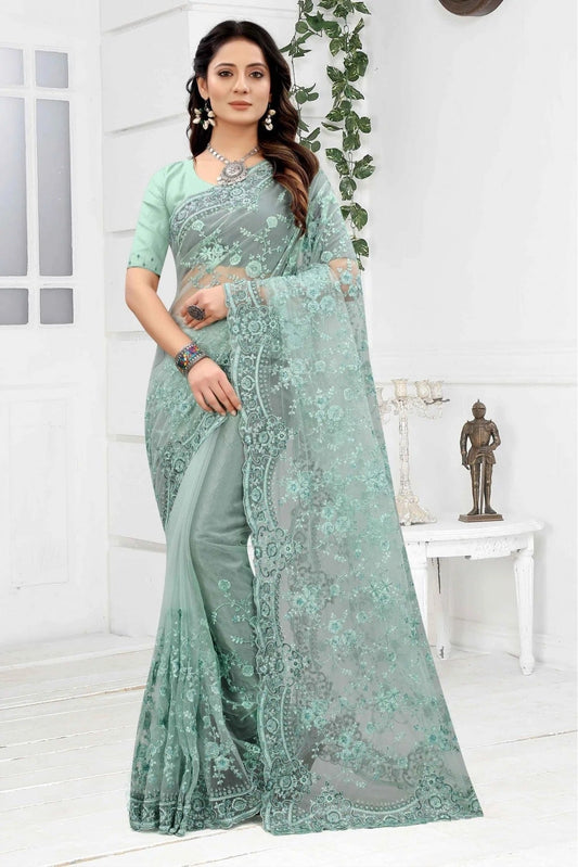 Green Net Embroidery Saree NCSD10910610