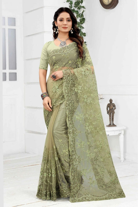 Green Net Embroidery Saree NCSD10910611