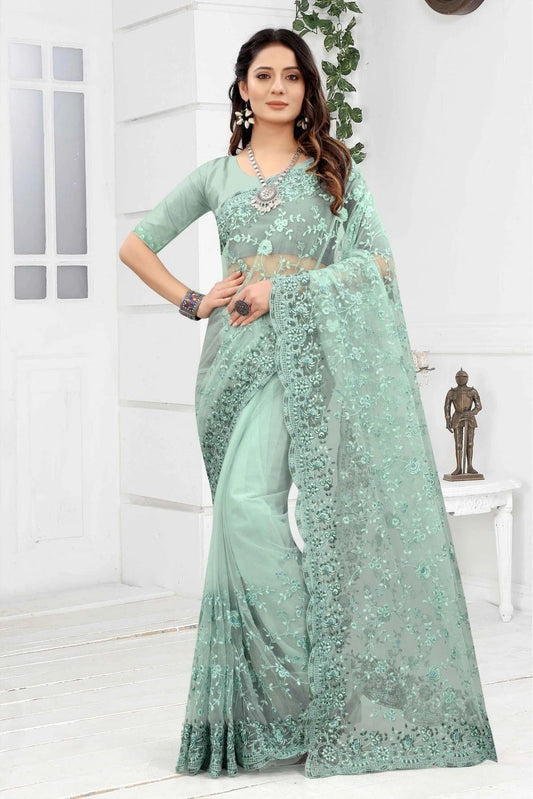 Green Net Embroidery Saree NCSD10910614