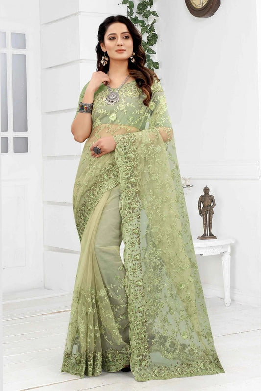 Green Net Embroidery Saree NCSD10910616