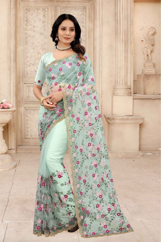 Green Net Embroidery Saree NCSD10910629