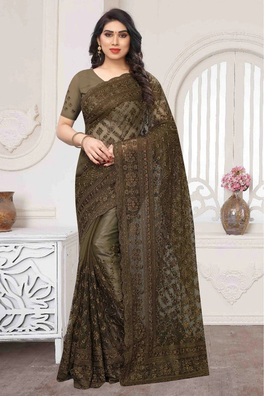 Green Net Embroidery Saree NCSD10910659