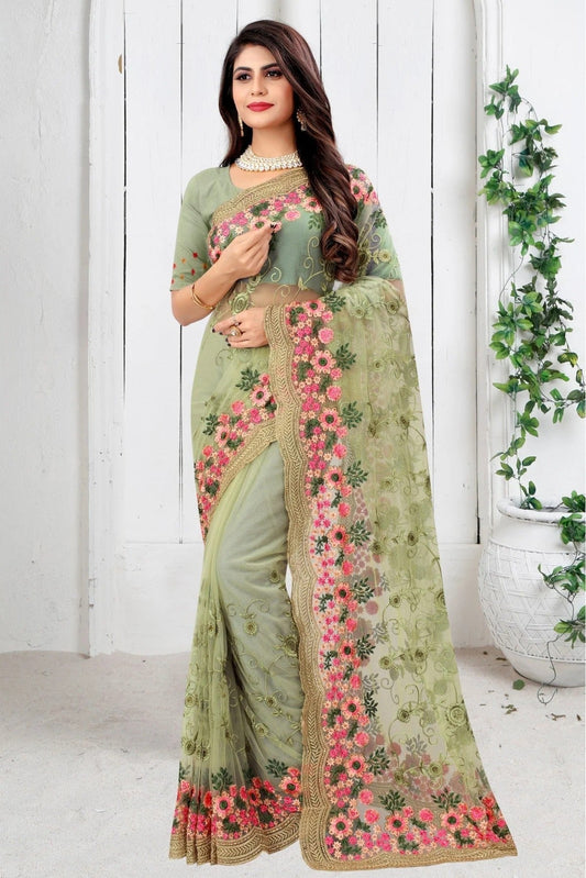 Green Net Embroidery Saree NCSD10910700