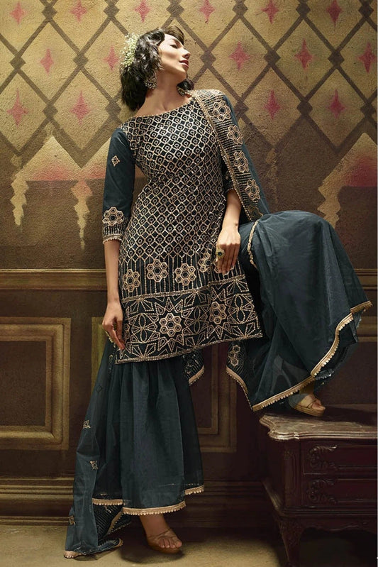 Green Net Sequins Sharara Suit NCSM10810360