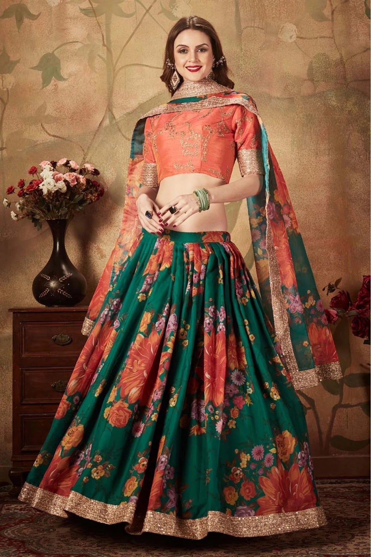 Green Organza Lehenga Choli NCLC10110322