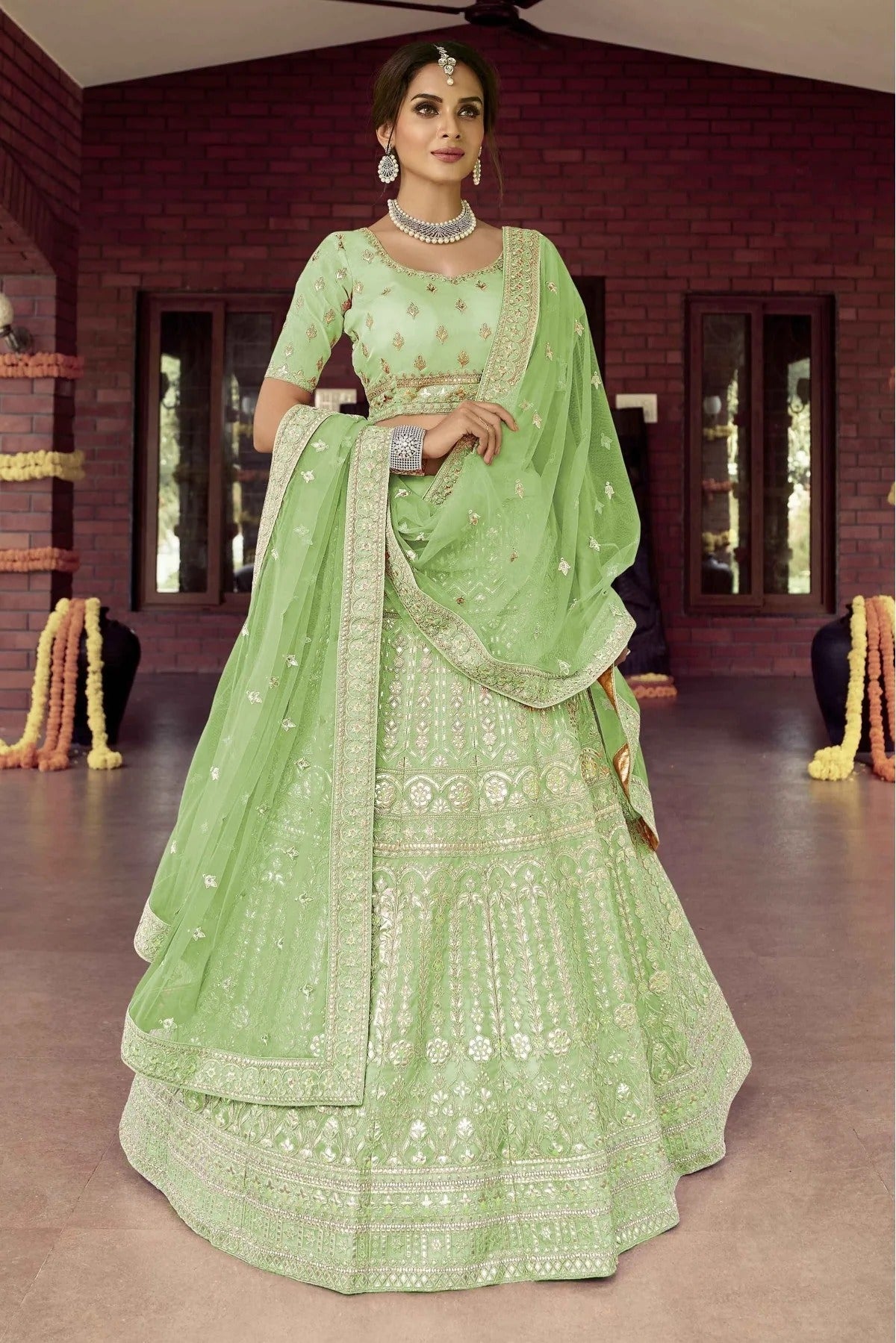 Green Organza Resham Lehenga Choli NCLC10810406