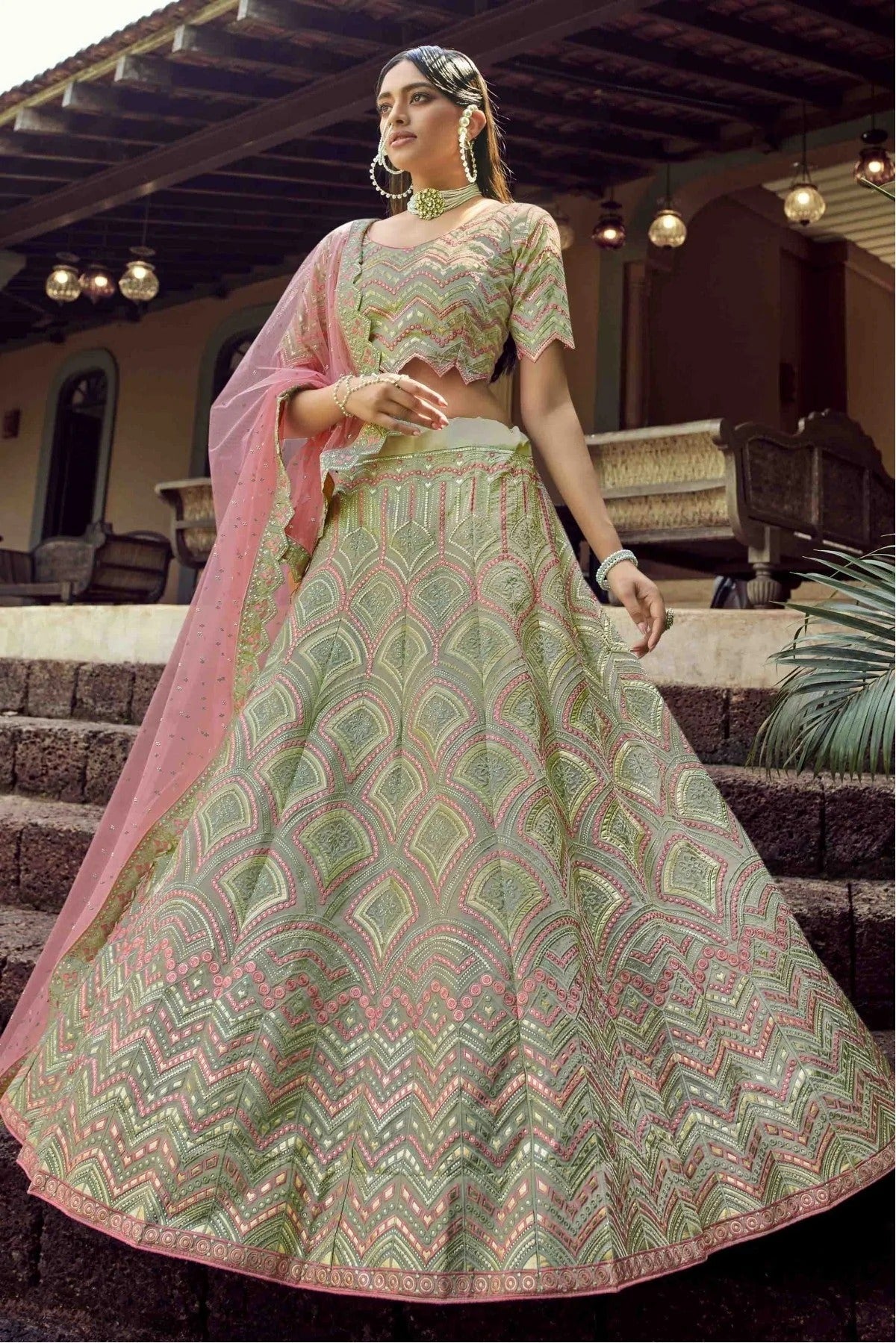 Green Organza Resham Lehenga Choli NCLC10810463