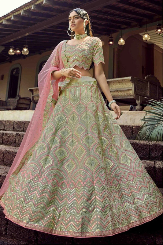 Green Organza Resham Lehenga Choli NCLC10810463