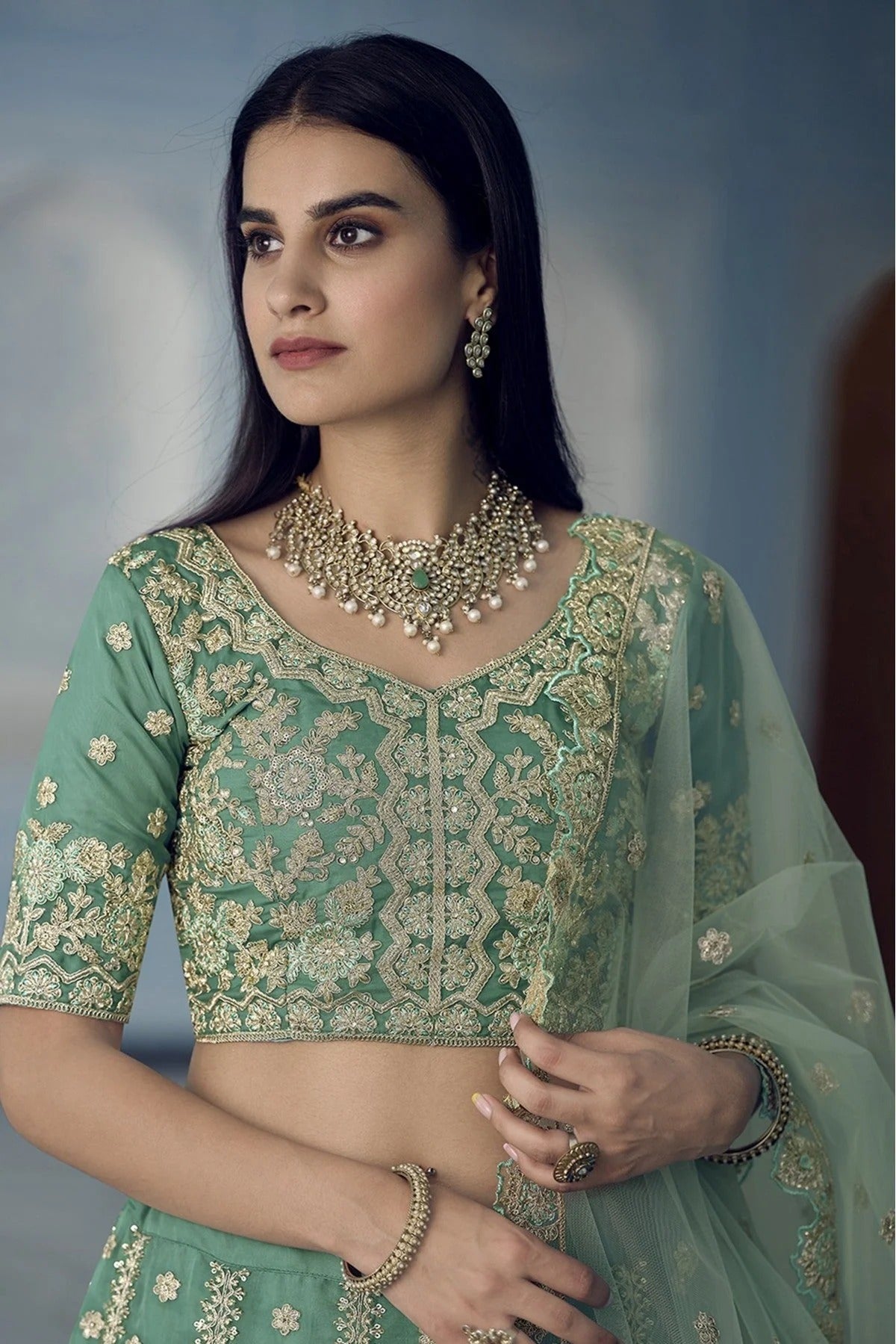 Green Organza Sequins Lehenga Choli NCLC10810477