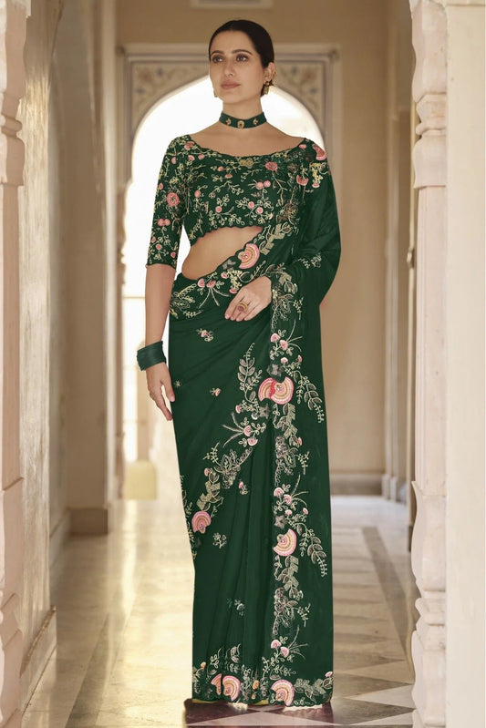 Green Organza Sequins Saree NCSD10810612