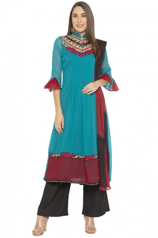 Green Plus Size Georgette Embroidery Palazzo Pant Suit NCSS10710552