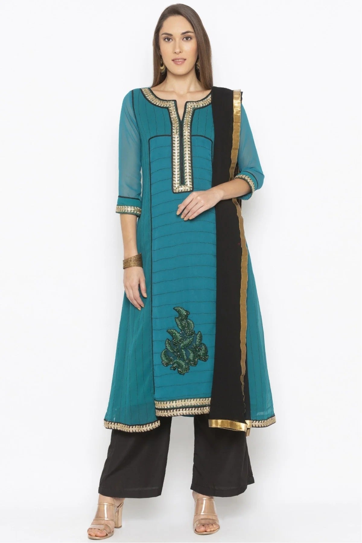 Green Plus Size Georgette Embroidery Palazzo Pant Suit NCSS10710622