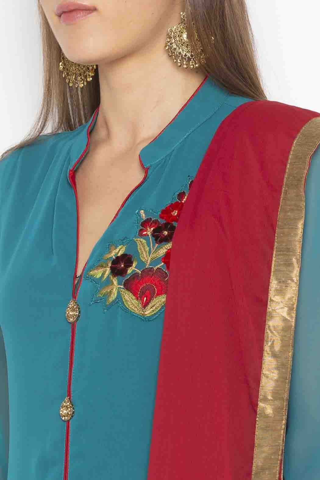 Green Plus Size Georgette Embroidery Palazzo Pant Suit NCSS10710642