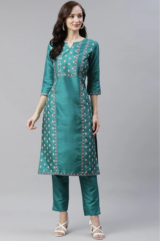 Green Plus Size Poly Silk Foil Print KurtiWith Pant Set NCKR10610137