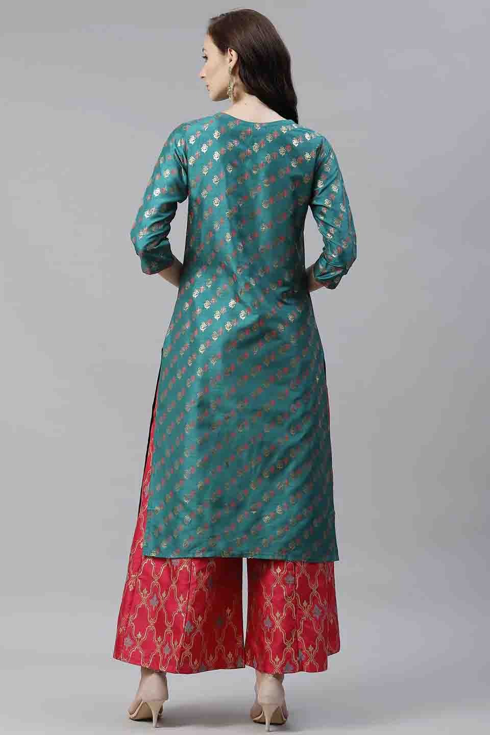 Green Plus Size Poly Silk Foil Print KurtiWith Palazzo Set  NCKR10610121