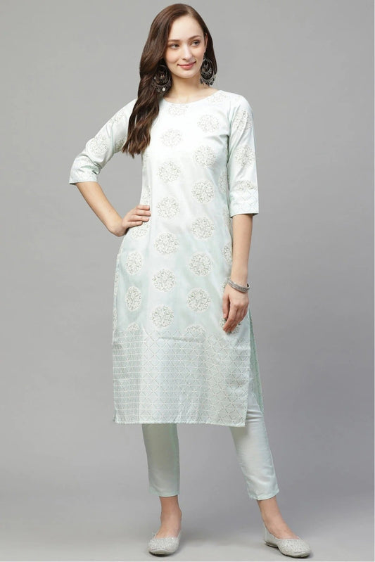 Green Plus Size Poly Silk Straight Kurta Pant Set NCKR10610150