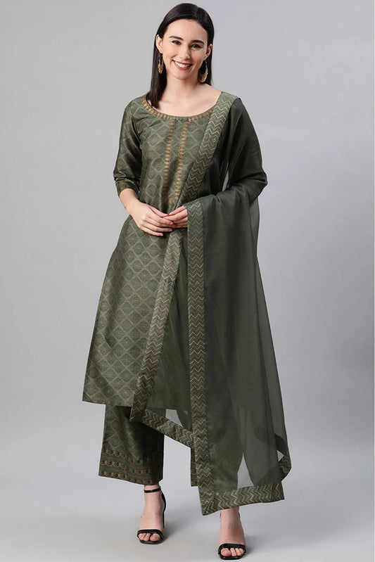 Green Plus Size Polyester Foil Print KurtiPalazzo And Dupatta Set NCKR10610162