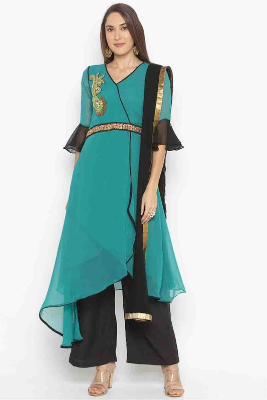 Green Plus Size Stitched Georgette Embroidery Palazzo Pant Suit NCSS10710542