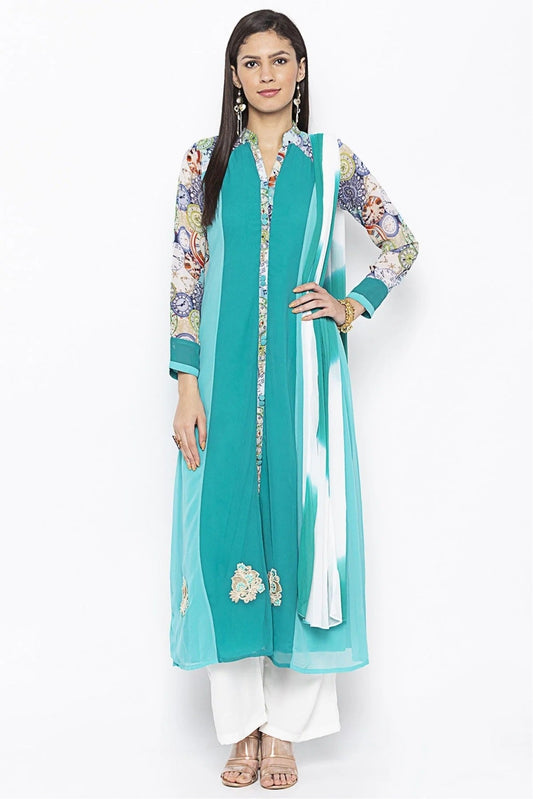 Green Plus Size Stitched Georgette Embroidery Palazzo Pant Suit NCSS10710604