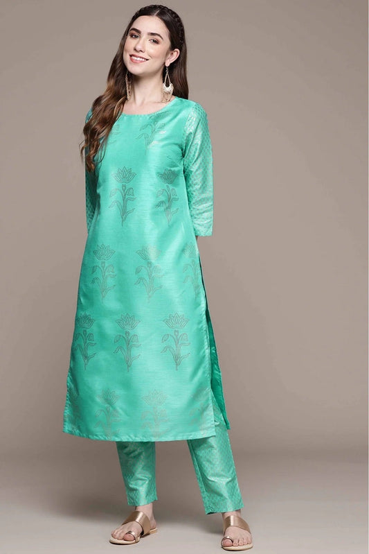Green Poly Silk Foil Print Kurta With Pant NCKR10610156