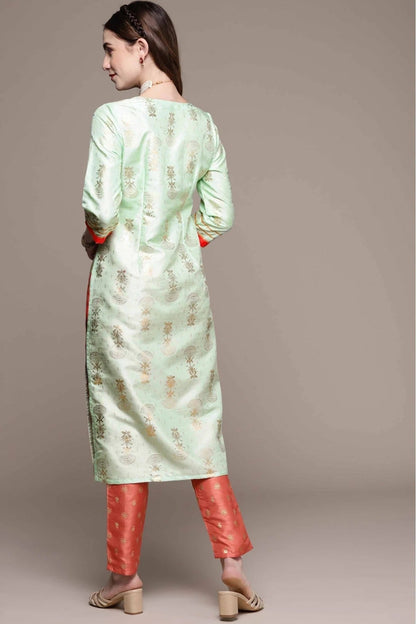 Green Poly Silk Foil Print Kurta With Pant  NCKR10610160