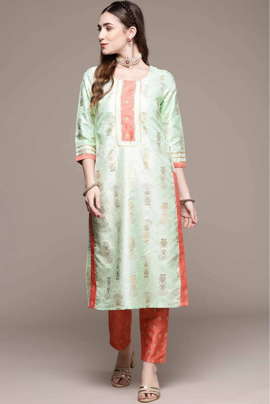 Green Poly Silk Foil Print Kurta With Pant NCKR10610160