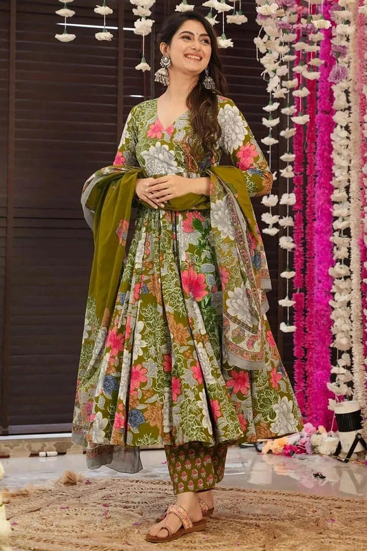 Green Printed Muslin Stitched Suit NCSS11111303