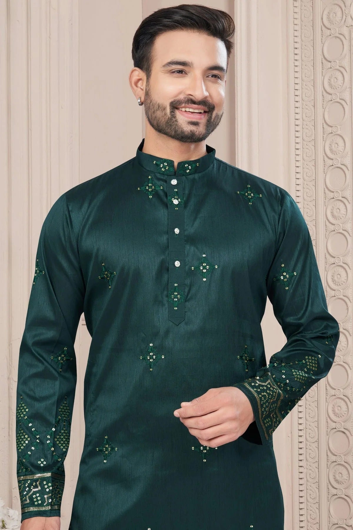 Green Pure Silk Kurta Pajama NCKP10410103