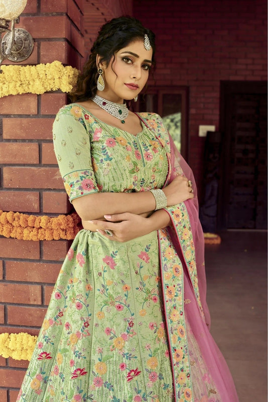 Green Raw Silk Embroidery Bridal Lehenga Choli NCLC10810379
