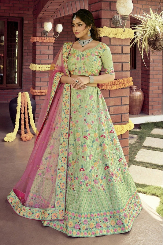 Green Raw Silk Embroidery Bridal Lehenga Choli NCLC10810379