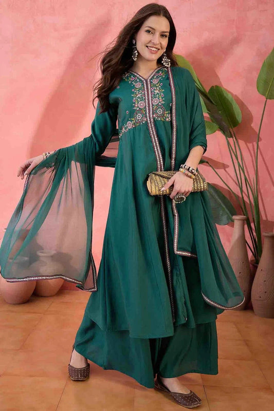 Green Roman Silk Stitched Palazzo Pant Suit NCSS11110167