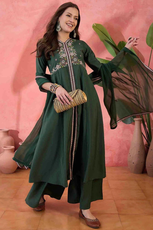 Green Roman Silk Stitched Palazzo Pant Suit NCSS11110169