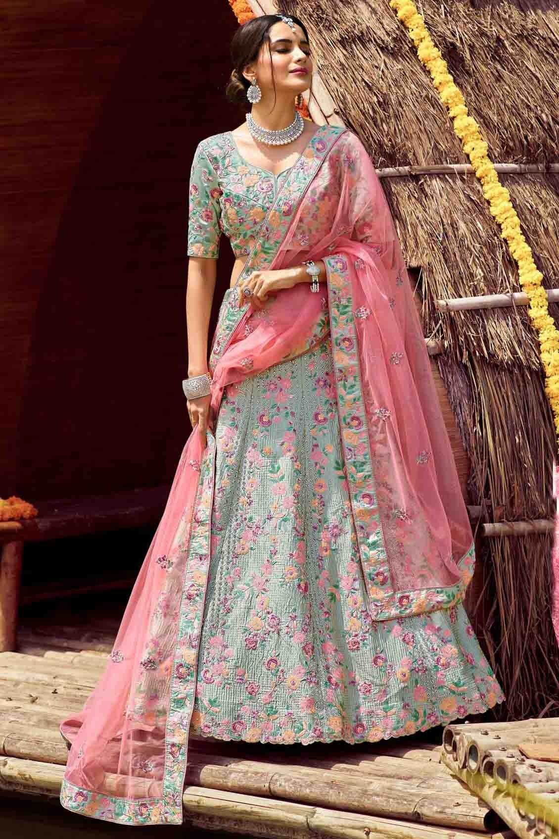 Green Satin Resham Lehenga Choli NCLC10810412