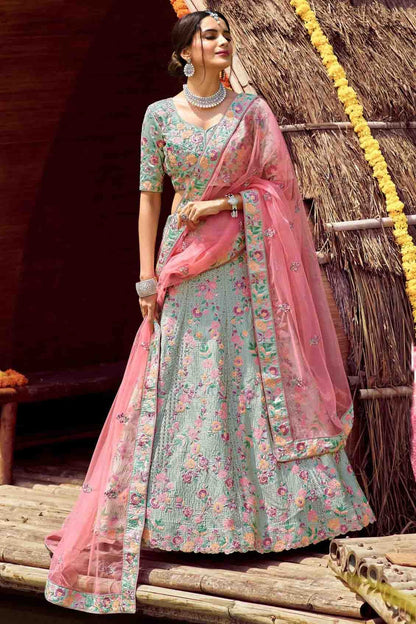 Green Satin Resham Lehenga Choli NCLC10810412