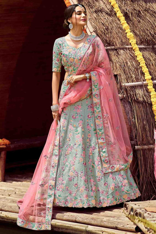 Green Satin Resham Lehenga Choli NCLC10810412