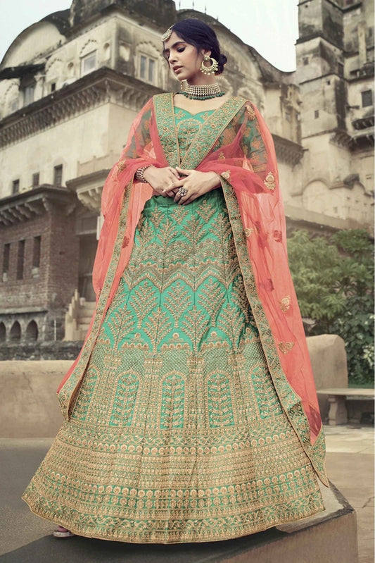 Green Satin Thread Lehenga Choli NCLC10810484