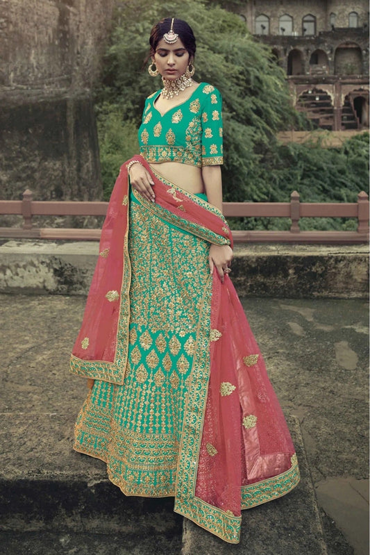 Green Satin Thread Lehenga Choli NCLC10810488