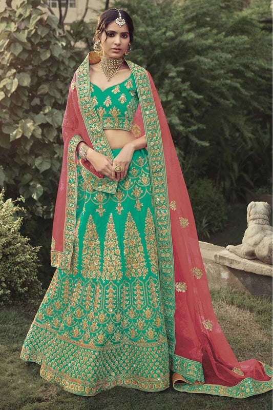 Green Satin Thread Lehenga Choli NCLC10810492