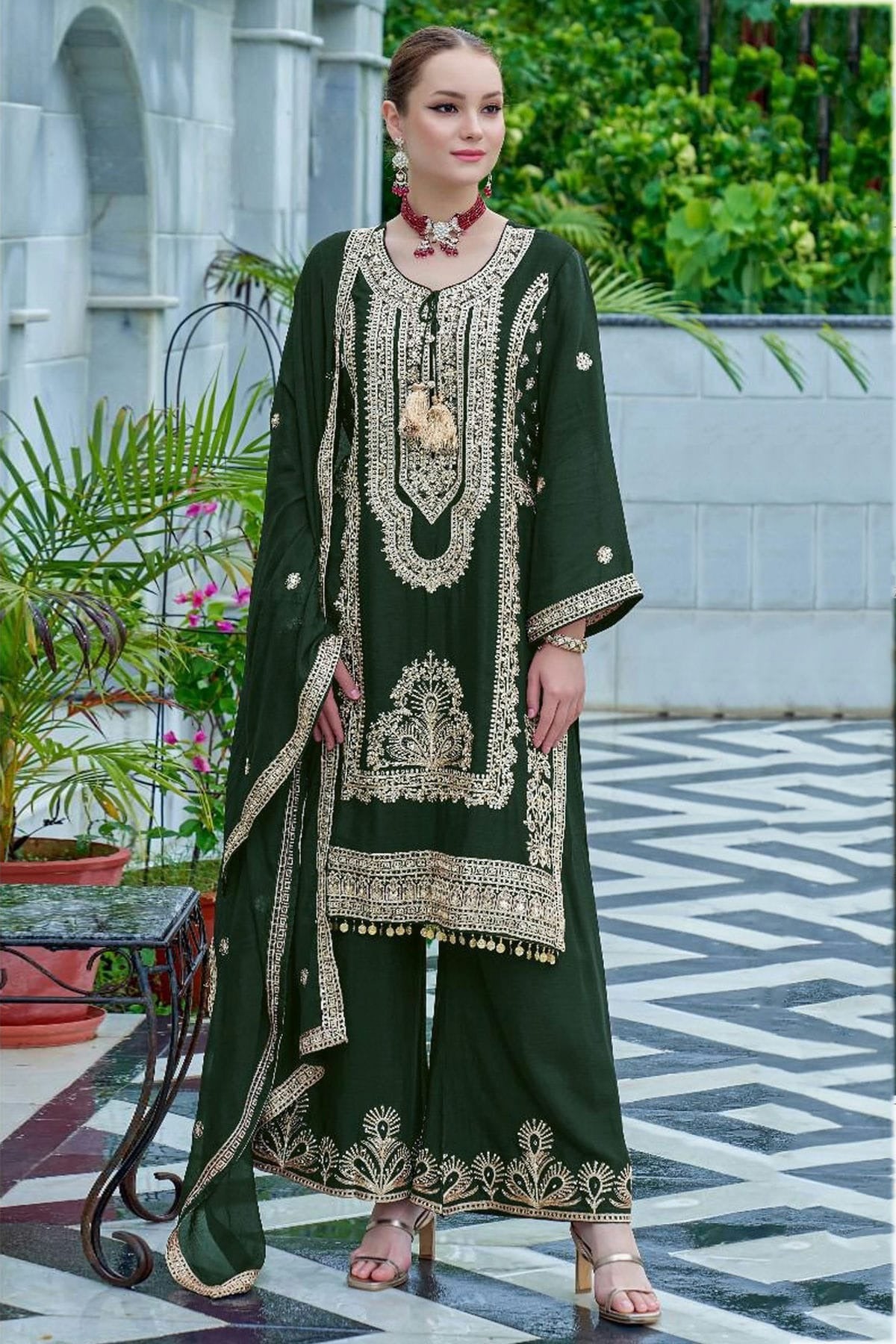 Green Semi Stitched Chinon Palazzo Pant Suit NCSM11410338