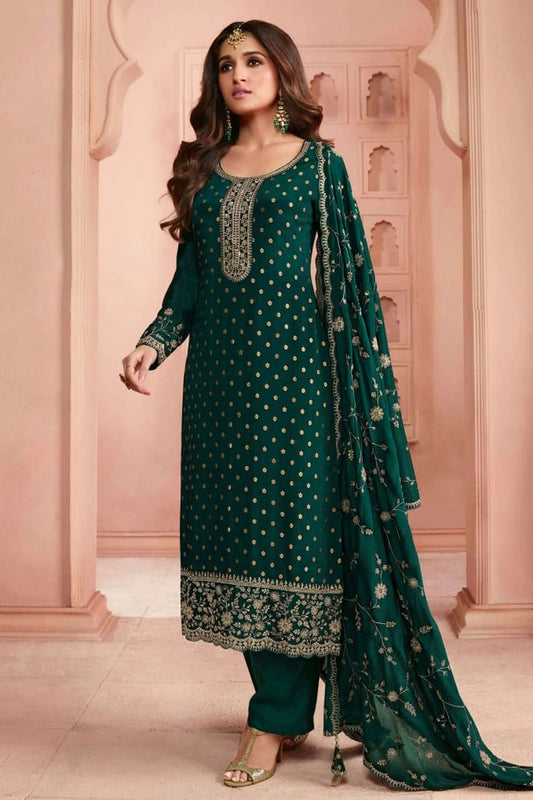 Green Semi Stitched Dola Jacquard Silk Pant Style Suit NCSM11410408