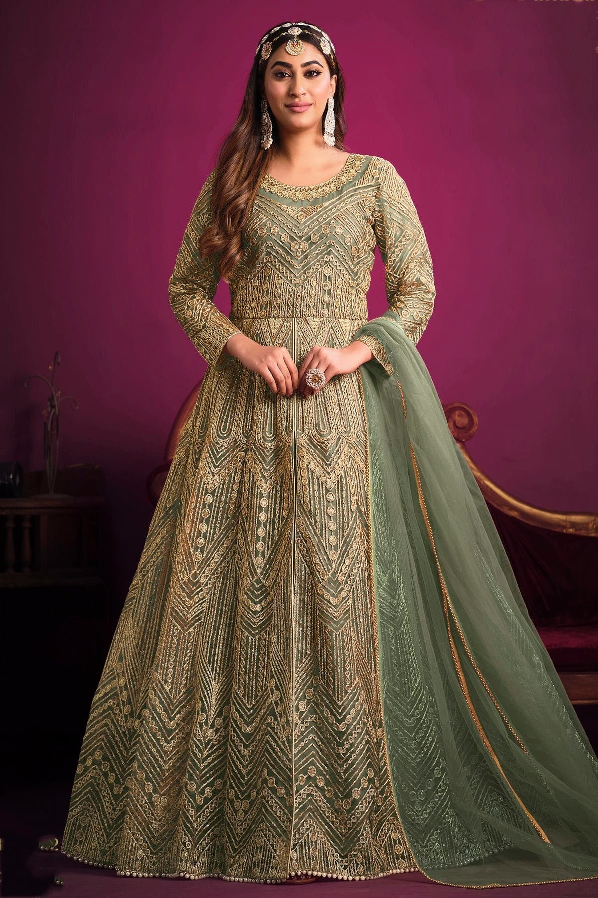 Green Semi Stitched Net Pant Style Suit NCSM10510309