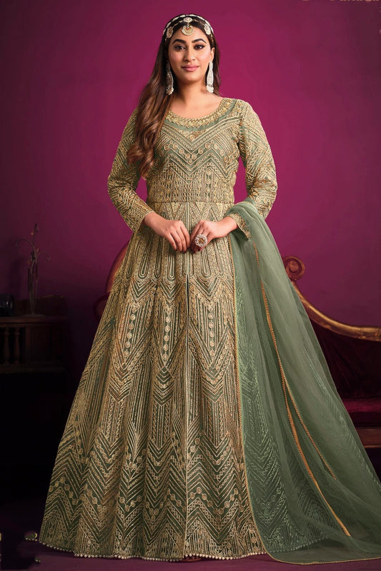 Green Semi Stitched Net Pant Style Suit NCSM10510309