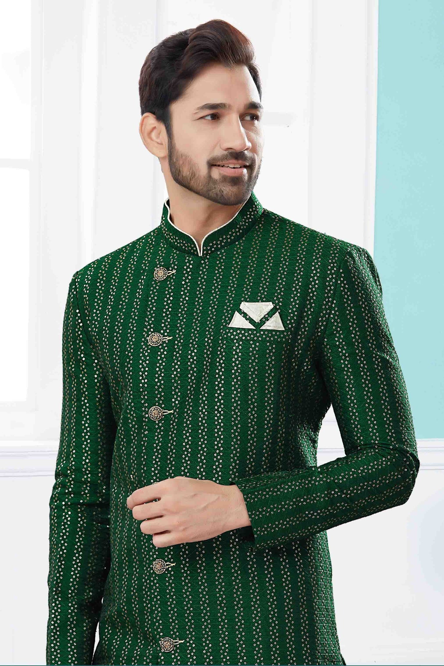 Green SherwaniIn Jacquard  NCSH10410519