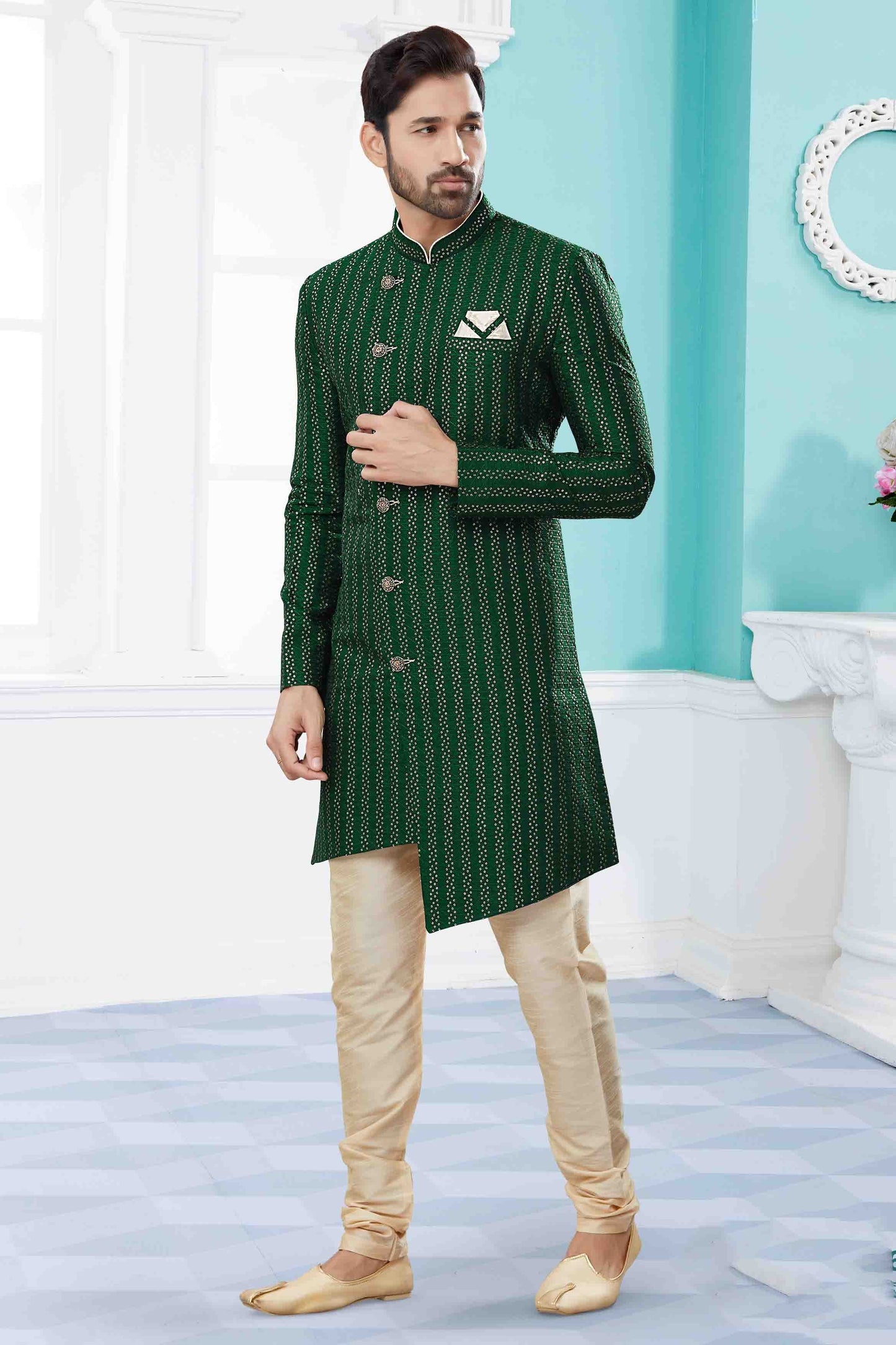 Green SherwaniIn Jacquard NCSH10410519