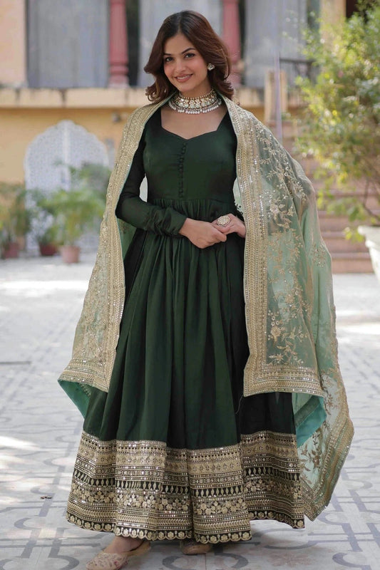 Green Shimmer Vichitra Stitched Gown NCGW11110850